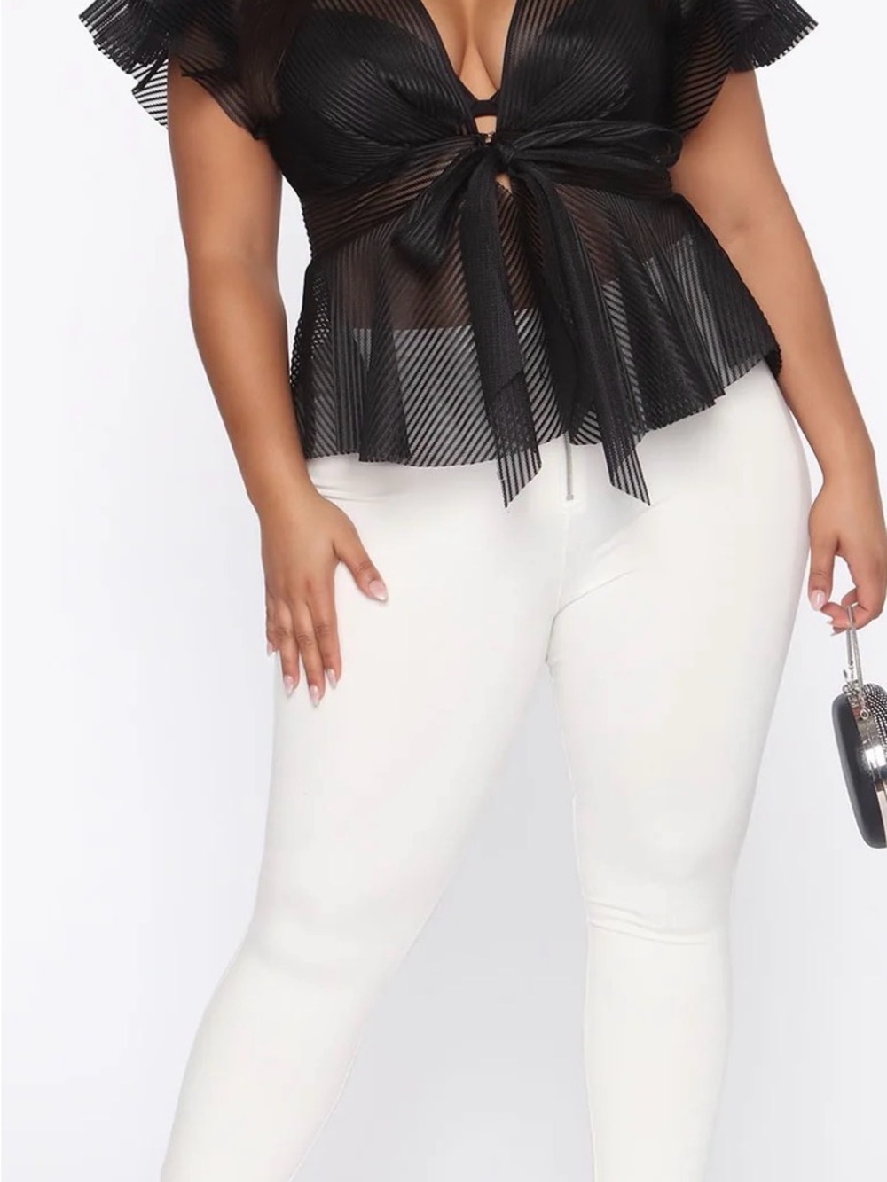 Date Night Black Sheer Tie-Front Pleated Blouse - Picture 3 of 5